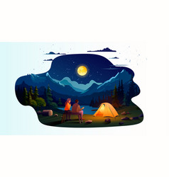 Couple Sitting Near Tent Camping Area Night