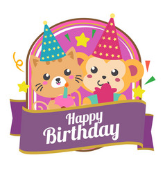 Badge Of Happy Birthday Cute Cat Monkey