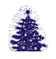 Linocut Image A Blue Christmas Tree