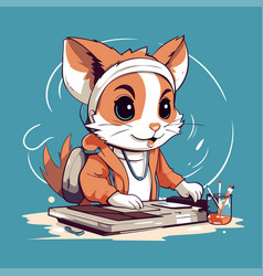 Cute Cartoon Fox Playing Music On Turntable