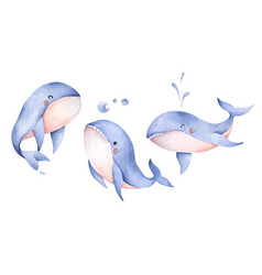 Set Of Cute Blue Whale Watercolor