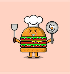 Cute Cartoon Burger Chef Holding Pan And Spatula