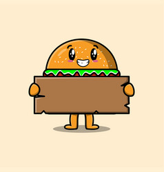 Cartoon Burger Holding Blank Wooden Text Board