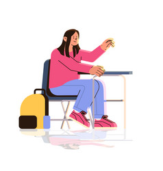 Schoolgirl Character With Backpack Sitting At Desk