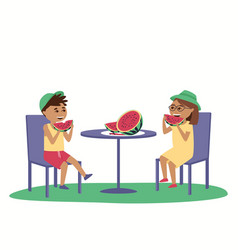 Children Eat Watermelon At A Table Outside