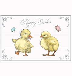 Easter Greeting Card With Hand Drawn Cute Duckling