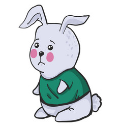 Sad Bunny In Green Shirt On White Background