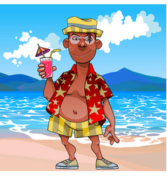 Cartoon Funny Tanned Tourist Stands