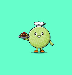 Cute Cartoon Chef Melon Serving Cake On Tray