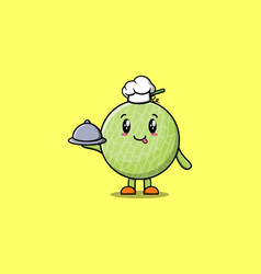 Cute Cartoon Chef Melon Mascot Serve Food On Tray