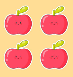 Set Of Stickers Of Cute Kawaii Red Apple Emoji