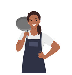 Young Woman In Chef Apron Holding Frying Pan