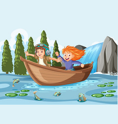 Two Kids On A Boat In Pond Scene