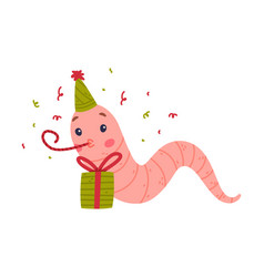 Funny Pink Worm Character In Birthday Hat