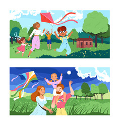 Happy Family Flying Kites With Kids Having Fun