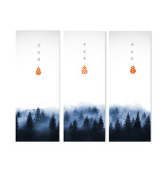 Three Banners With Blue Misty Winter Forest Trees