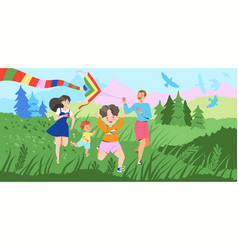 Happy Family Flying Kite With Kids Having Fun