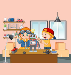 Kids Building Robot Together In The Room Scene