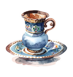 Retro Sketch With Turkish Cup Tea Watercolor