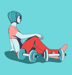 Sporty Young Woman Sit On Floor With Dumbells