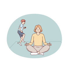 Calm Mother Meditate At Home With Naughty Kid