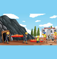 Cave Scene With Firerman Rescue In Cartoon Style