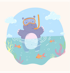 Cute Hippo Is Diving In Diving Gear