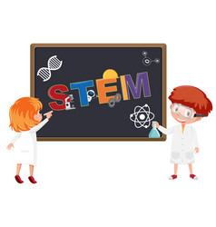 Stem Logo On Blackboard With Kids Wearing