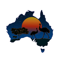 Australian Continent With Sunset And Emu