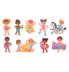 Cartoon Kids At Summer Beach In Swimming Suit