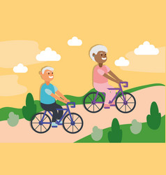 Interracial Old Couple Riding Bicycles Active