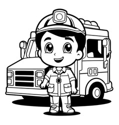 Firefighter Boy With Fire Truck Black And White