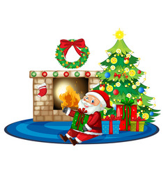 Santa Claus Sitting Front Fireplace With Many