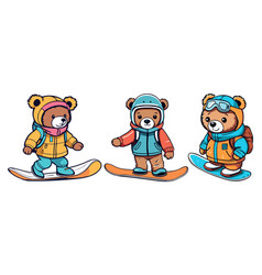 Set Of Cute Teddy Bear Snowboarding Art