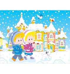 Children Walking Through A Winter Town