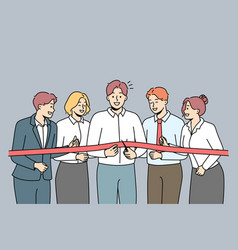 Excited Businesspeople Cut Ribbon Together