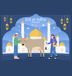 Flat Eid Al Adha Background With People Animal