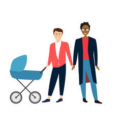 Two Gay Cartoon Men Couple With Baby In A Stroller