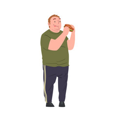 Happy Fat Young Man Eating Burger Obese Person