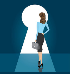 Business Woman Stand Front Door Keyhole