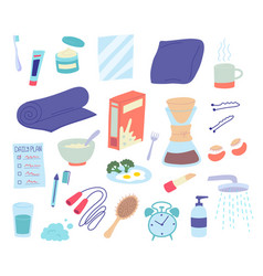 Cartoon Color Morning Routine Elements Icons Set