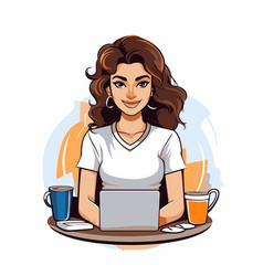 Woman Sitting At The Table With Laptop And Coffee