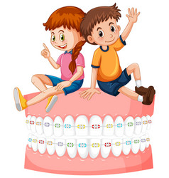 Happy Children Sitting On Teeth Braces With White