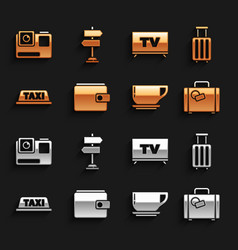 Set Wallet Suitcase Coffee Cup Taxi Car Roof