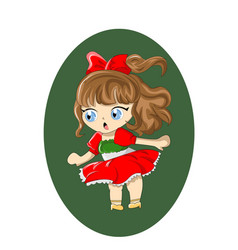 Little Girl In Christmas Skirt And Red Ribbon