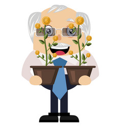 Old Man Holding Flowers On White Background