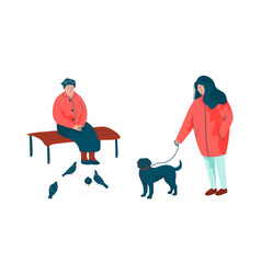 Woman Walking The Dog And Granny Sitting On Bench