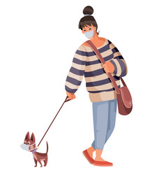 Woman Walking A Dog On A A Mask From Viruses