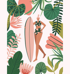 Girl Surfer In Bikini And Jungle Summer Beach