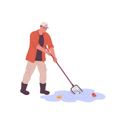 Person Picking Litter From Puddle With Net Tool